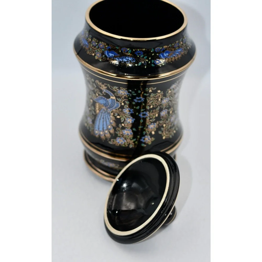 Anapale Greece Back Lidded Canister Jar 24k Gilded Hand Painted Peacock Birds